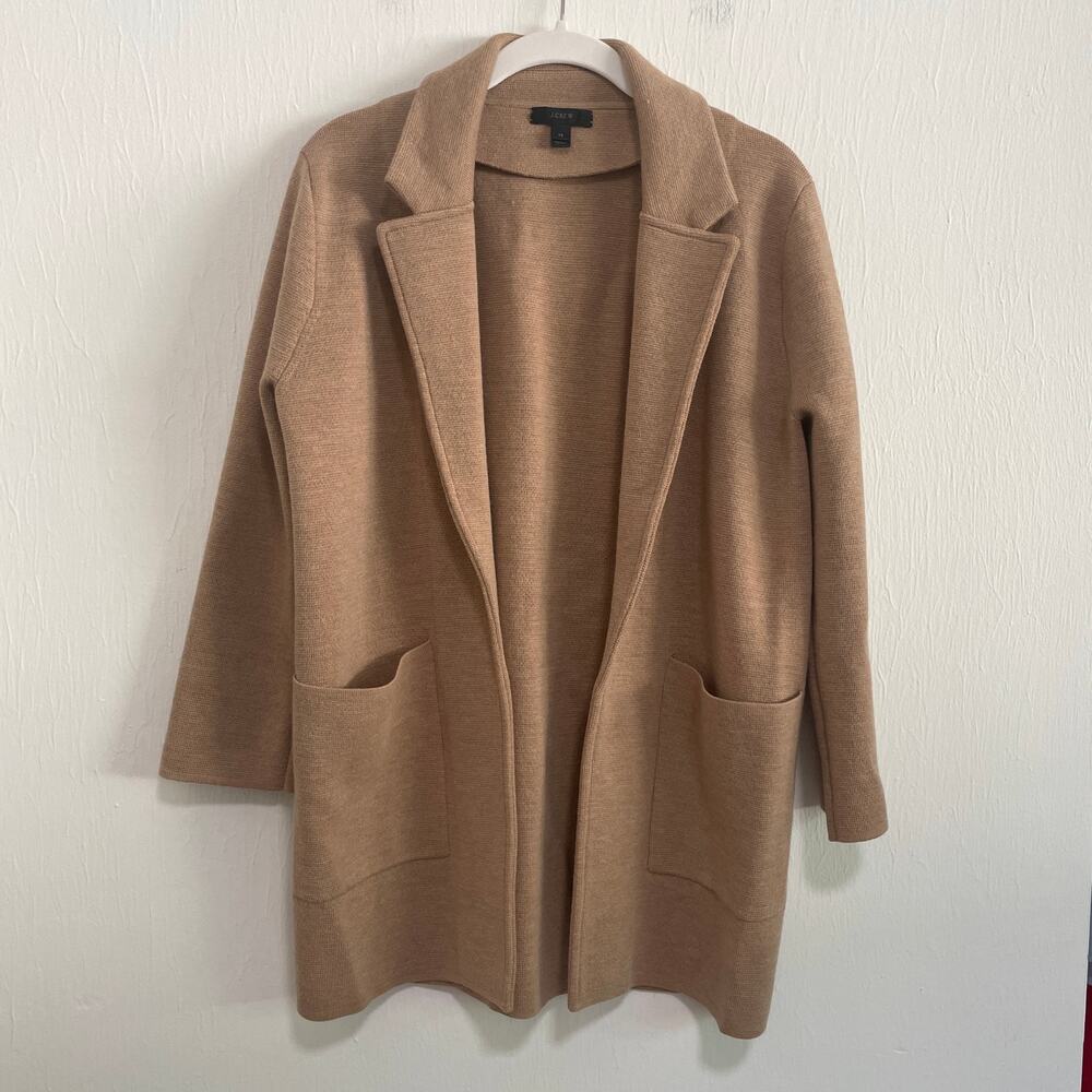 J. Crew Knit Sweater Blazer XS Tan Merino Wool Oversized Open Front Preppy Work